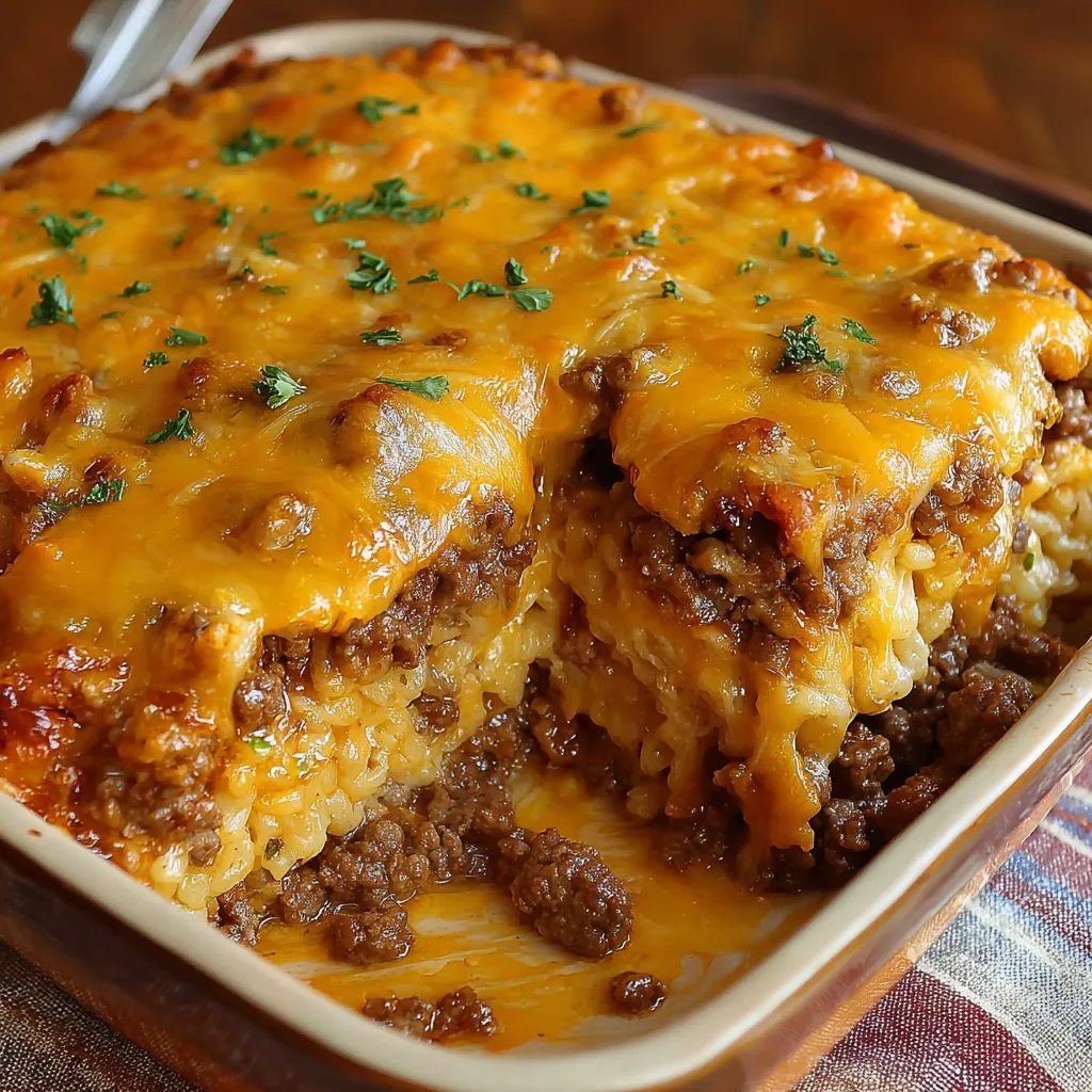 Close-up of a freshly baked Cheesy Hamburger Casserole, showcasing its melted cheese topping and savory ground beef filling.