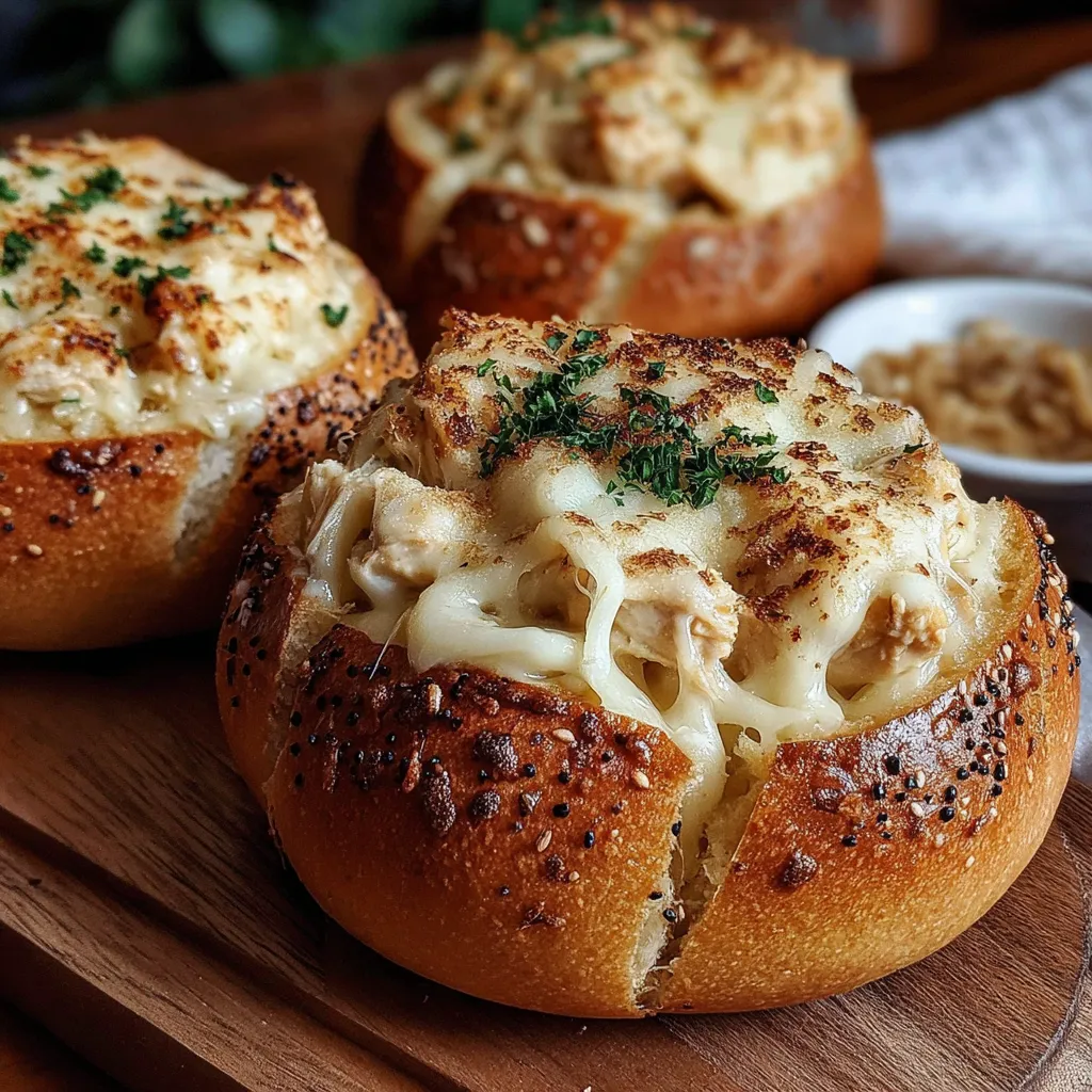 Close-up shot of creamy Chicken Alfredo Garlic Bread Bowls, showcasing the cheesy sauce and tender chicken.