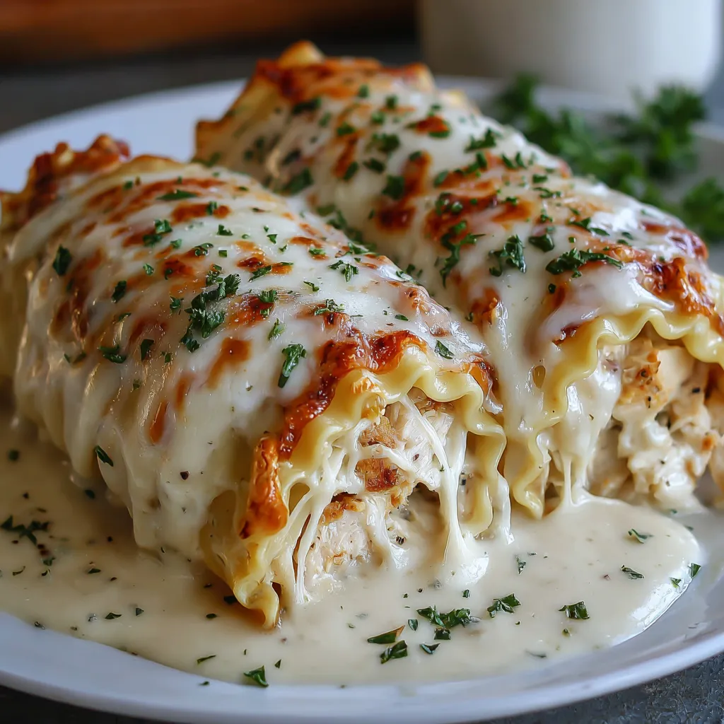 Chicken Alfredo Lasagna Rolls Recipe Close-up of baked Chicken Alfredo Lasagna Rolls, showcasing the creamy sauce and golden-brown pasta.