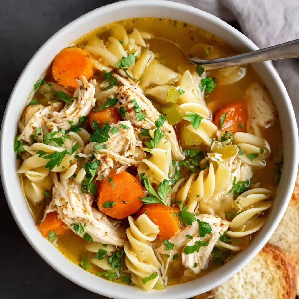 Close-up of a comforting bowl of Chicken Noodle Soup.
