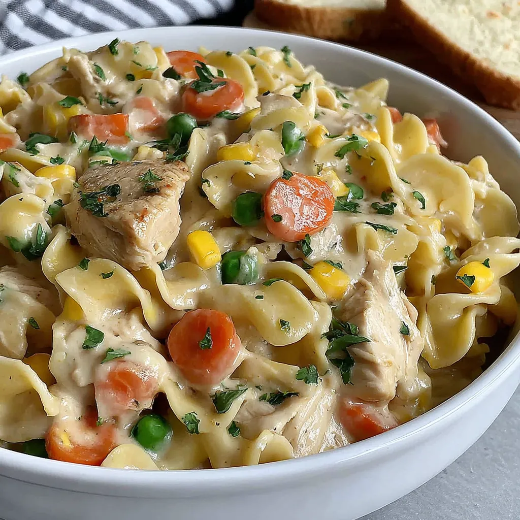Chicken Pot Pie Pasta Close Up Close-up view of creamy Chicken Pot Pie Pasta, showcasing its flaky crust topping and savory filling.