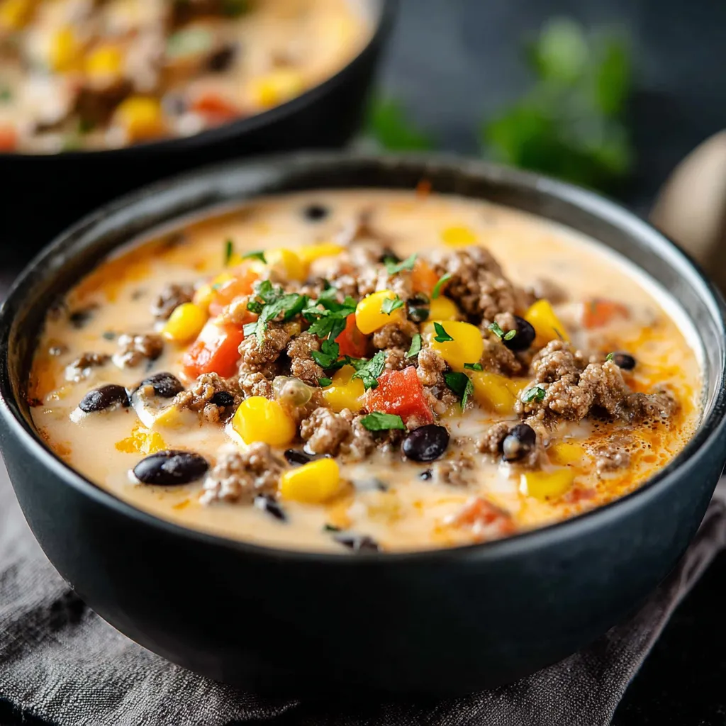 A vibrant bowl of Taco Soup is shown, highlighting the rich broth and colorful toppings.