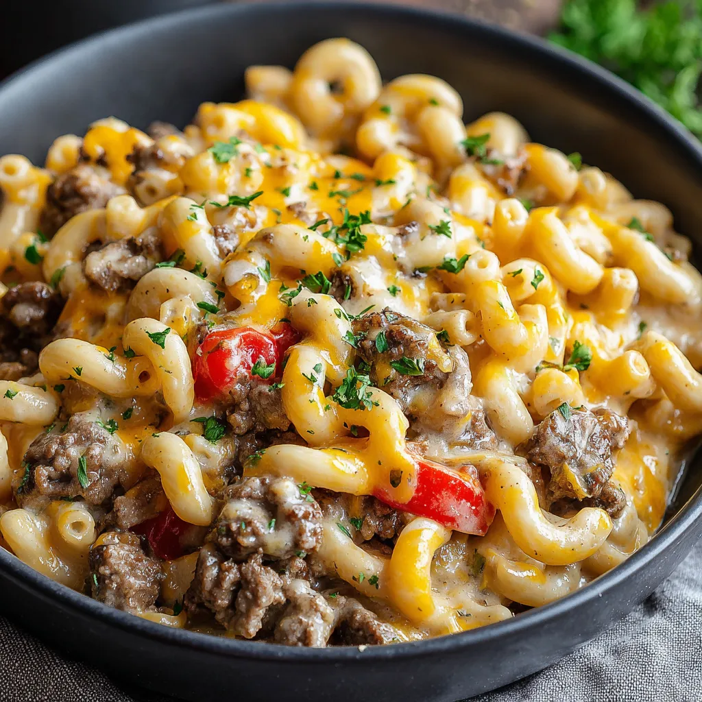 A close-up shows a creamy, cheesy portion of Philly Cheesesteak Mac, highlighting the melted cheese and steak pieces.