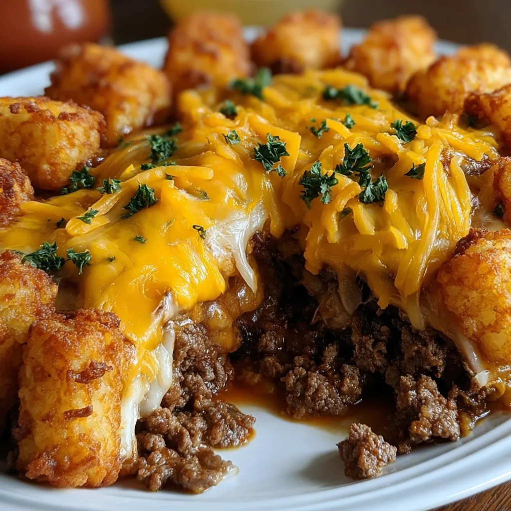 Close-up of a freshly baked Tater Tot Casserole, showing the golden-brown tater tots and creamy filling.