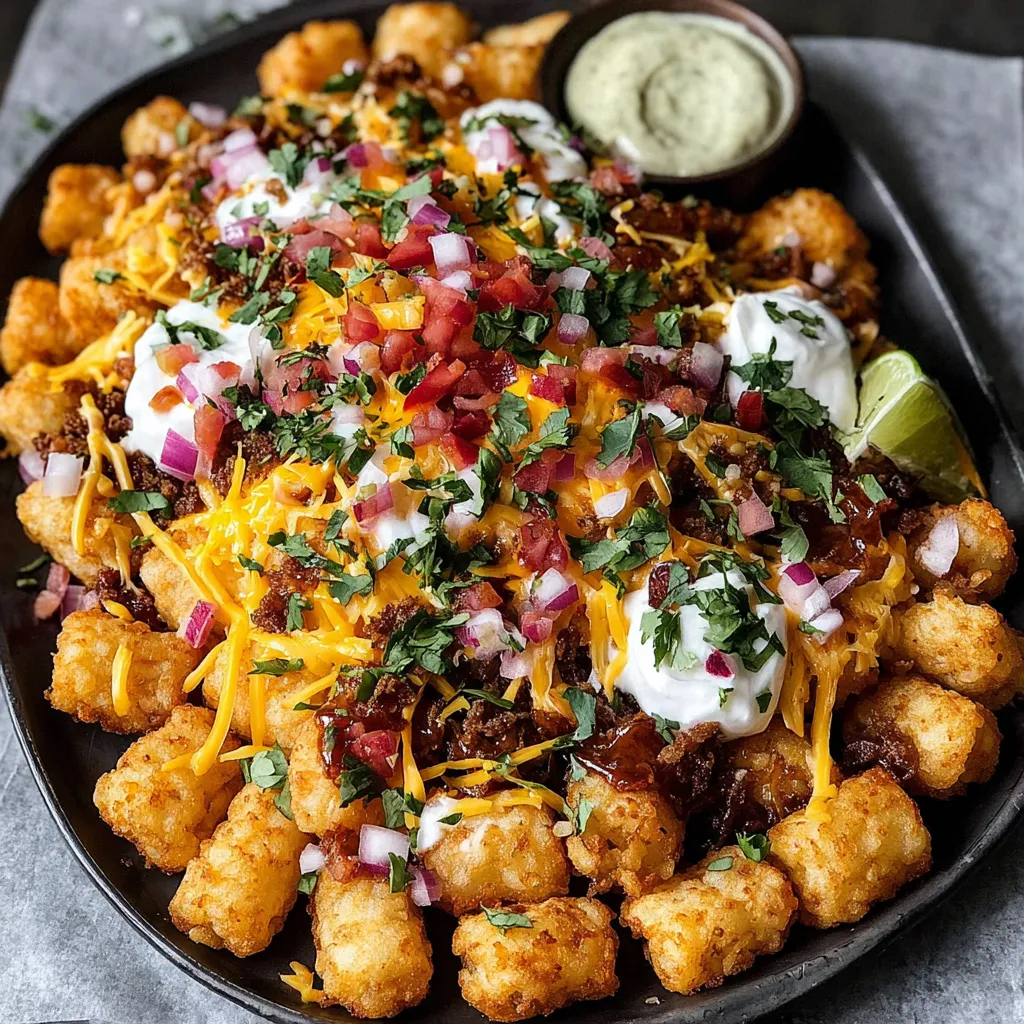 Close-up of loaded Tater Tot Nachos with melted cheese, sour cream, and jalapenos.