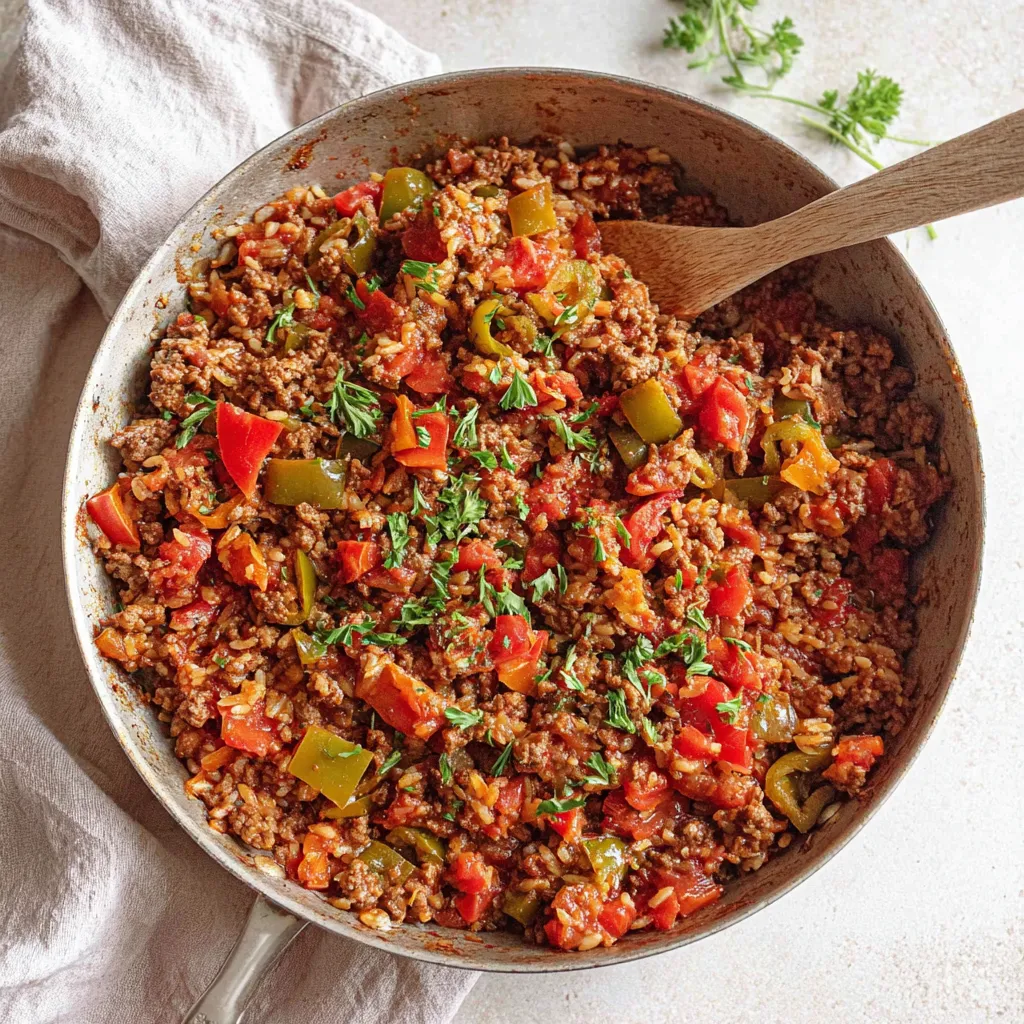 Close-up view of a delicious Unstuffed Pepper Skillet, showcasing the vibrant colors and textures of the dish.