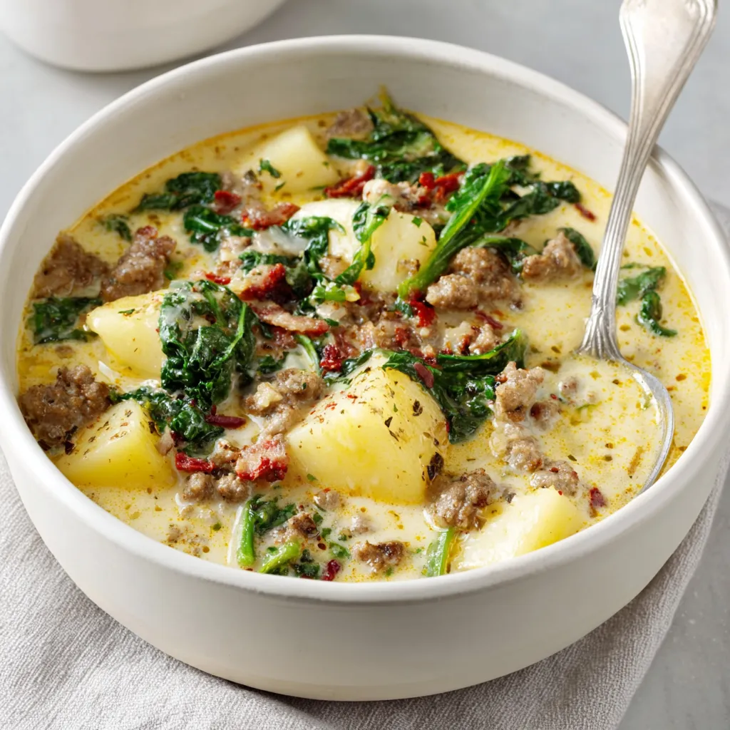 Zuppa Toscana Soup Bowl Delicious Close-up of creamy Zuppa Toscana Soup with sausage, potatoes, and kale, showcasing its hearty texture and inviting aroma.