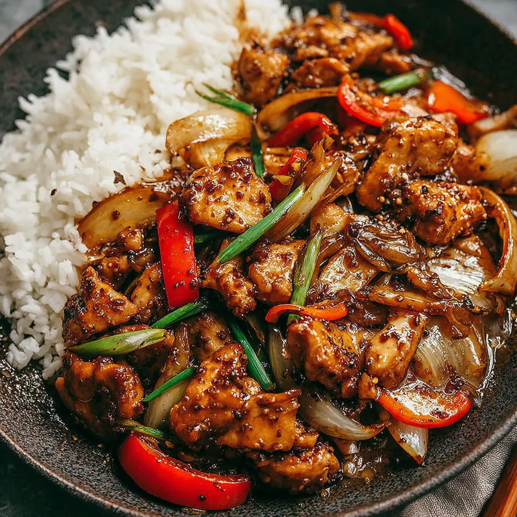 BEST BLACK PEPPER CHICKEN EVER 1 A close-up featured image showcases delicious homemade Black Pepper Chicken served in a bowl.
