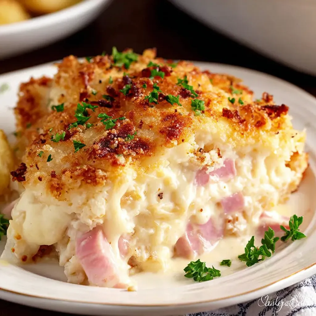 Chicken Cordon Bleu Casserole featured image shows a cheesy, golden-brown baked casserole dish ready to be served.