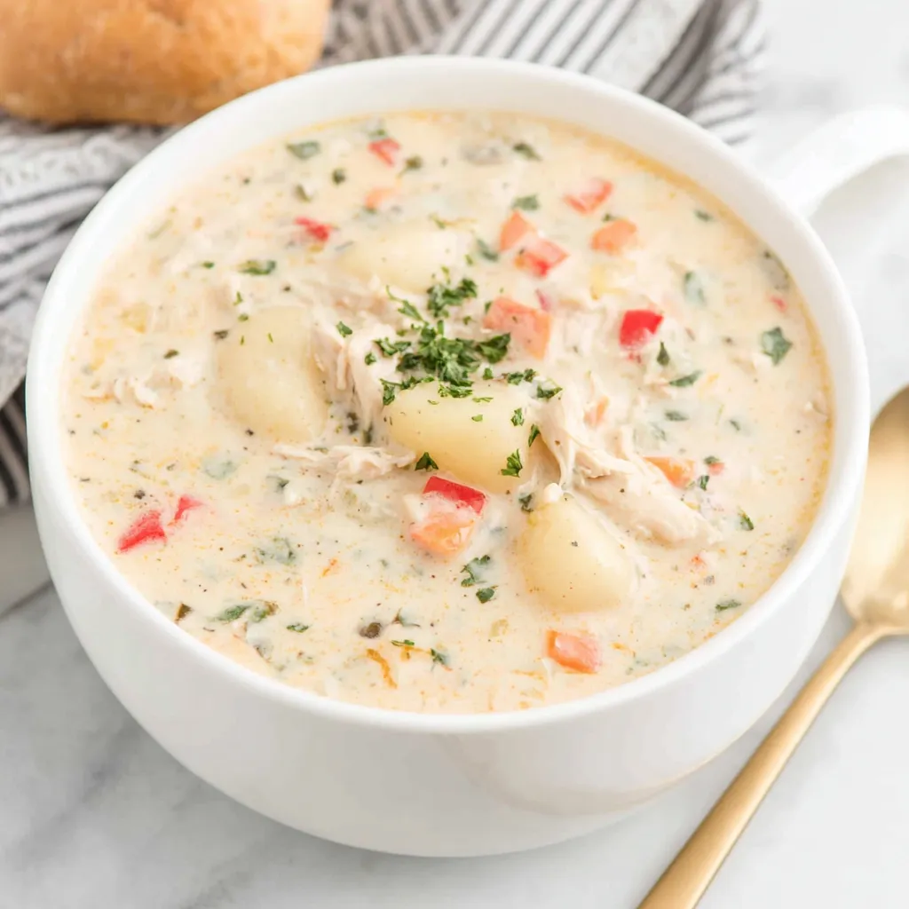 Creamy Chicken Gnocchi Soup served in a white bowl, showcasing its delicious and comforting texture.