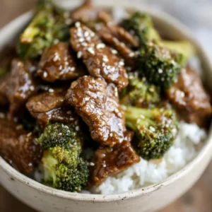 Close-up of delicious Chinese Beef And Broccoli stir-fry served in a bowl.