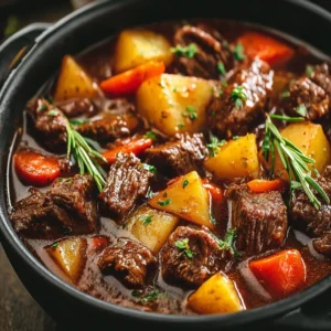 Delicious Crock Pot Beef Stew simmers in a rustic crock pot, showcasing tender beef and vibrant vegetables.