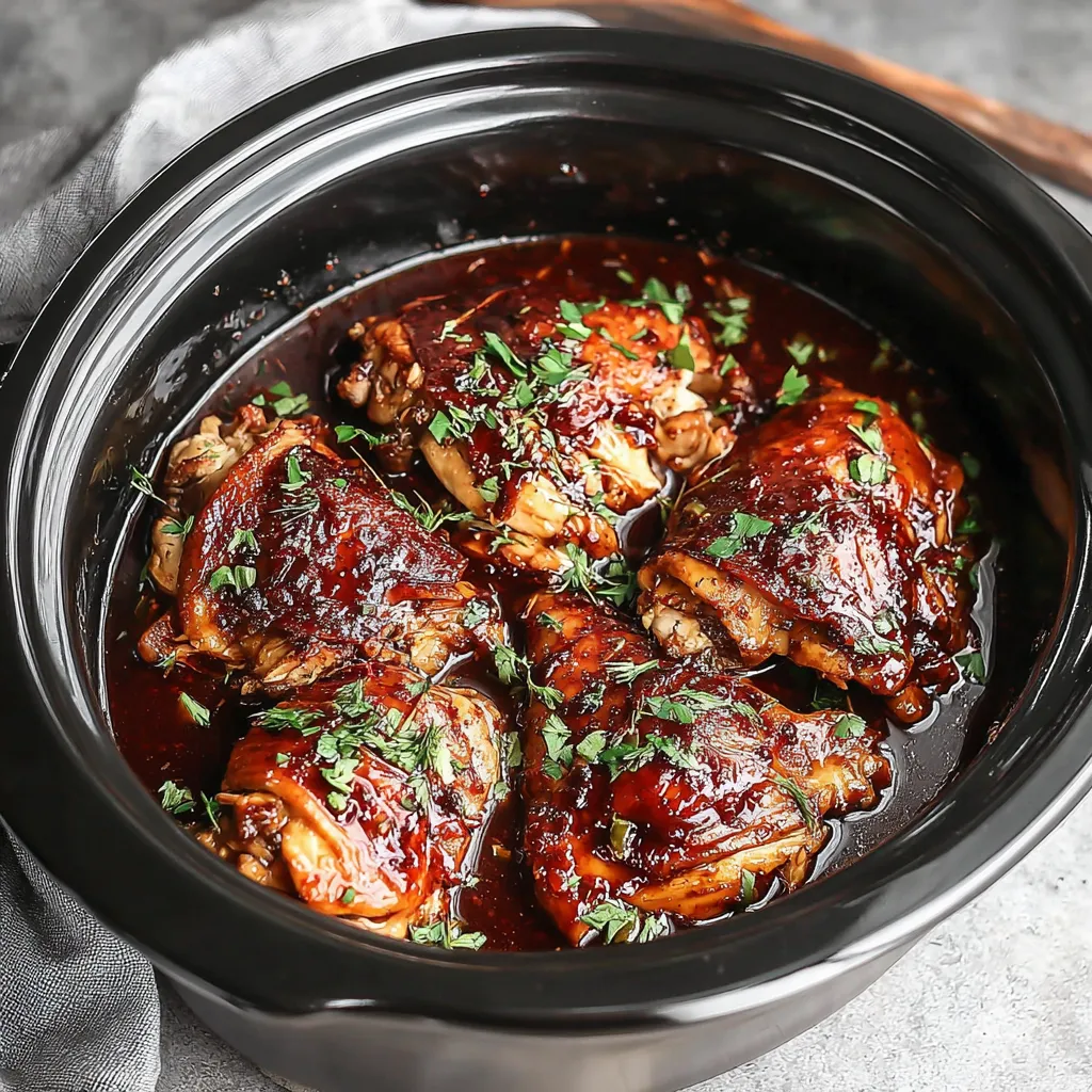 Crock Pot Bourbon Chicken simmers in a slow cooker, ready to be served as a delicious and easy meal.