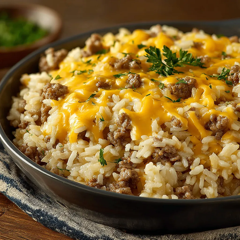 A close-up view showcases a delicious Hamburger Rice Casserole, baked to a golden brown and ready to be served.