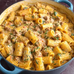 Close-up shot of a delicious plate of Italian Sausage Rigatoni, showcasing the rich tomato sauce and perfectly cooked pasta.