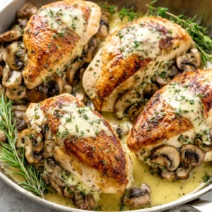 Chicken Breasts Stuffed With Garlic Butter Mushrooms are displayed as a delicious and savory featured dish.