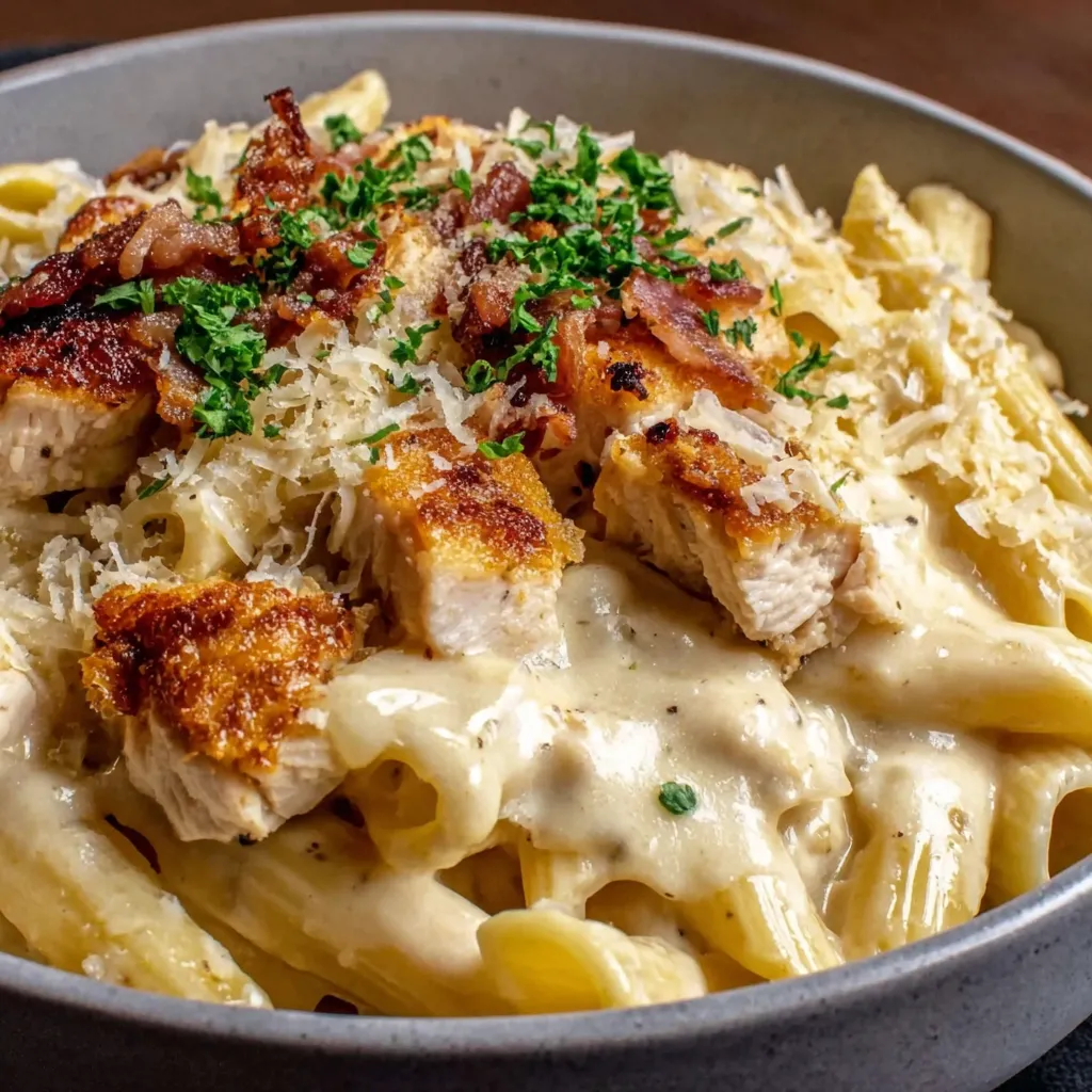 CREAMY CRACK CHICKEN PENNE ULTIMATE 1 Creamy Crack Chicken Penne, a cheesy and delicious pasta dish, is featured in this tempting image.