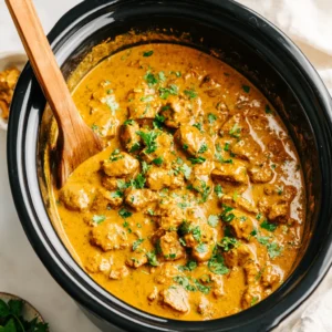 Creamy Crockpot Butter Chicken served in a bowl, showcasing its rich color and creamy texture.