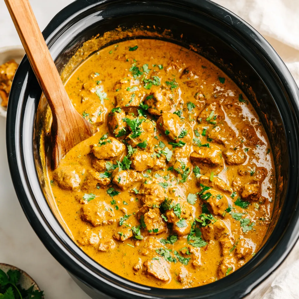Creamy Crockpot Butter Chicken served in a bowl, showcasing its rich color and creamy texture.