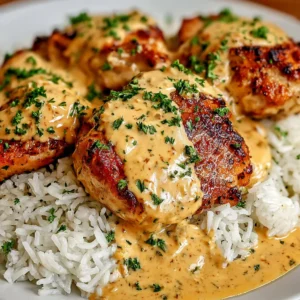 Creamy Smothered Chicken And Rice is beautifully displayed in this featured image, showcasing its rich and comforting appeal.