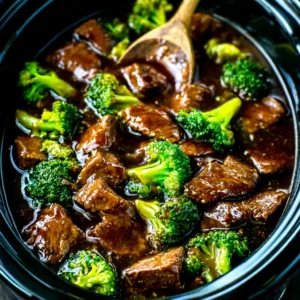 Delicious Crock Pot Beef & Broccoli simmers in a slow cooker, ready to be served as a flavorful and easy meal.
