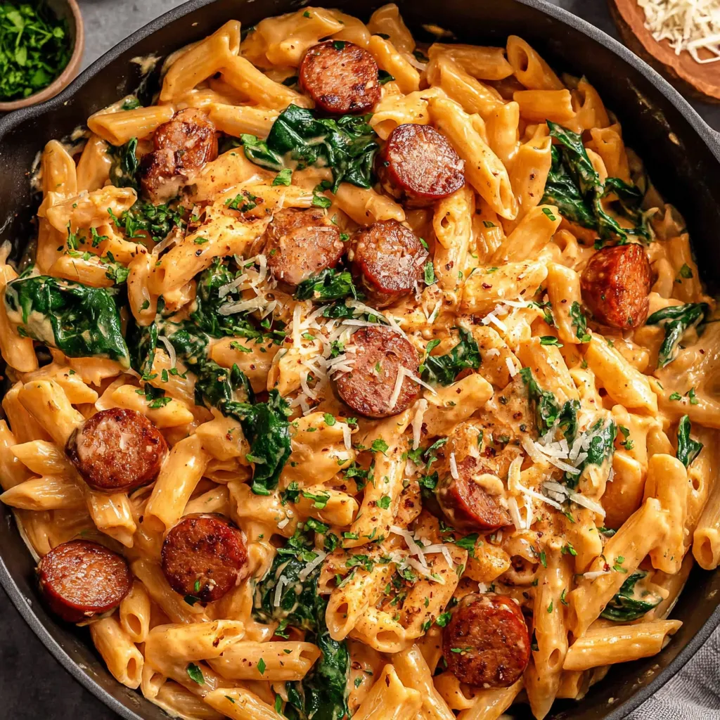 A vibrant close-up showcases a delicious plate of Cajun Sausage Pasta, ready to be enjoyed.