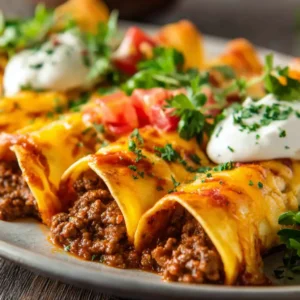 Ground Beef Enchiladas, a delicious and cheesy Mexican-inspired dinner, are featured in this tempting image.