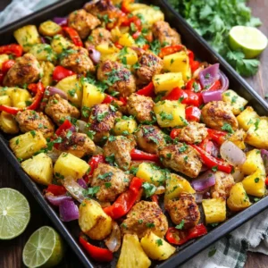 Hawaiian Chicken Sheet Pan Bake is shown in this delicious-looking featured image, ready to be served.
