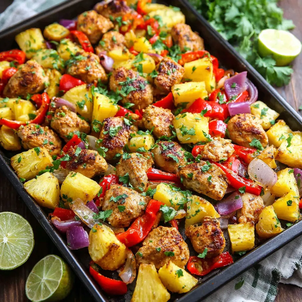 Hawaiian Chicken Sheet Pan Bake is shown in this delicious-looking featured image, ready to be served.