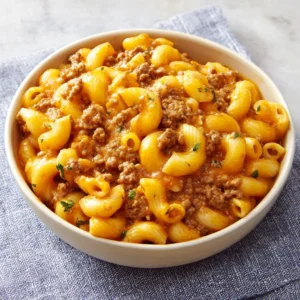 Close-up shot showcasing a delicious bowl of Homemade Hamburger Helper, perfect for a quick and easy weeknight meal.