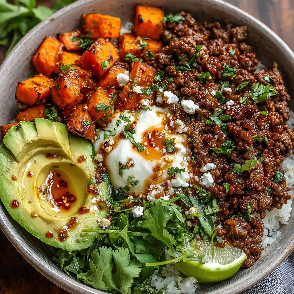 A delicious Ground Beef Hot Honey Bowl features seasoned ground beef, rice, and a drizzle of spicy honey.