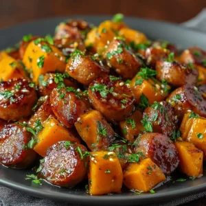 HONEY GARLIC SAUSAGE SWEET POTATOES AMAZING 2 Honey Garlic Sausage Sweet Potatoes are beautifully displayed in this featured image.