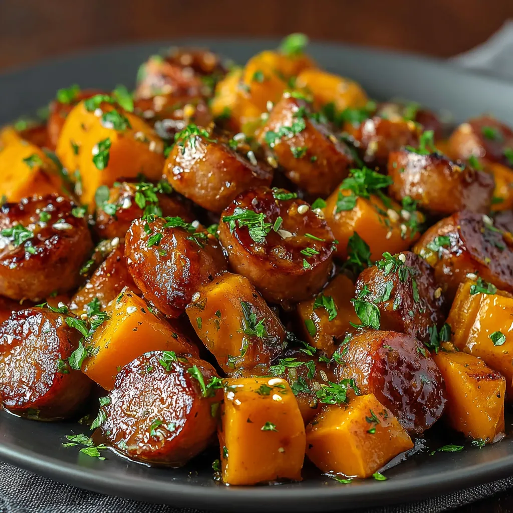 HONEY GARLIC SAUSAGE SWEET POTATOES AMAZING 1 Honey Garlic Sausage Sweet Potatoes are beautifully displayed in this featured image.
