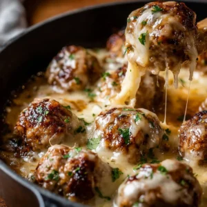 Close-up shows delicious Cheesy French Onion Meatballs, perfect for a hearty and flavorful meal.