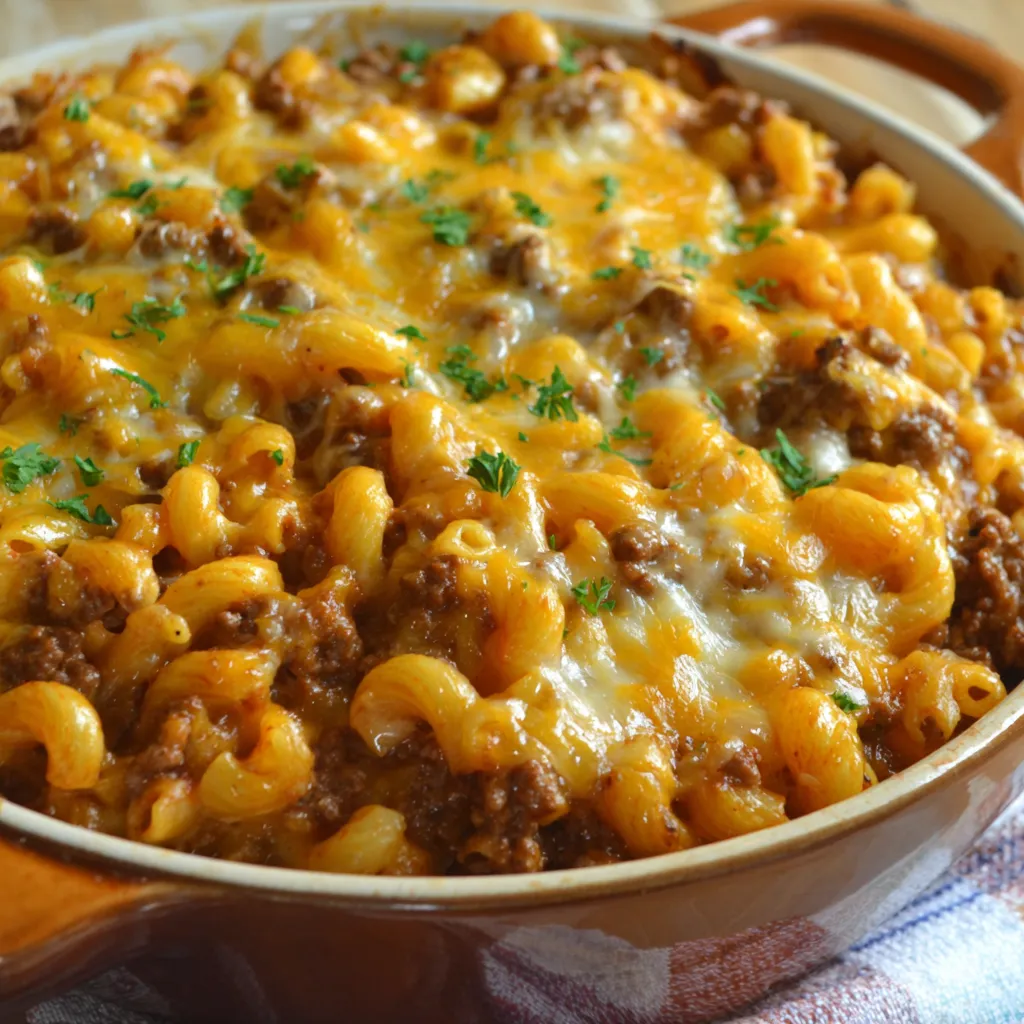 A delicious Cheesy Hamburger Casserole is displayed as the featured image for a recipe article.