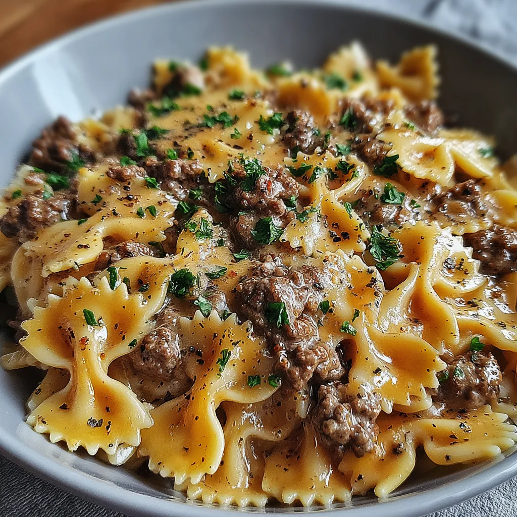 IRRESISTIBLE CREAMY PARMESAN GARLIC BEEF BOWTIE PASTA