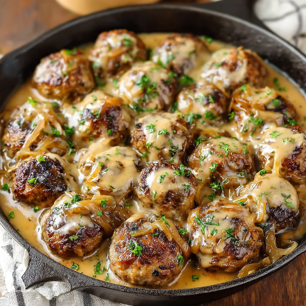 A close-up featured image showcasing delicious French Onion Meatballs, browned and glistening, ready to be served.