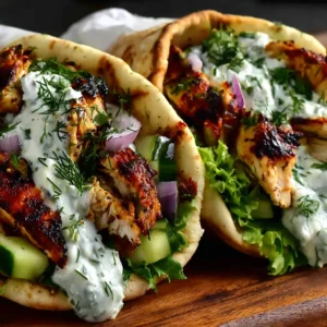 Close-up shot of delicious Mediterranean Chicken Gyros, the featured image for this recipe.
