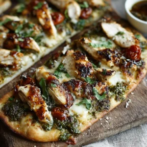 A delicious Pesto Chicken Flatbread features vibrant green pesto, grilled chicken, and melted cheese on a crispy flatbread crust.