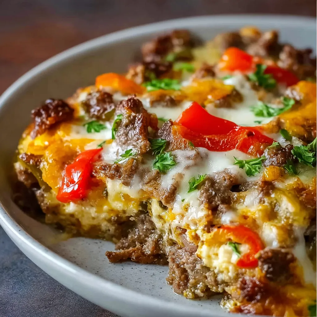 IRRESISTIBLE PHILLY CHEESESTEAK CASSEROLE 1 A delicious Philly Cheesesteak Casserole is shown as the featured image, perfect for a comforting weeknight meal.