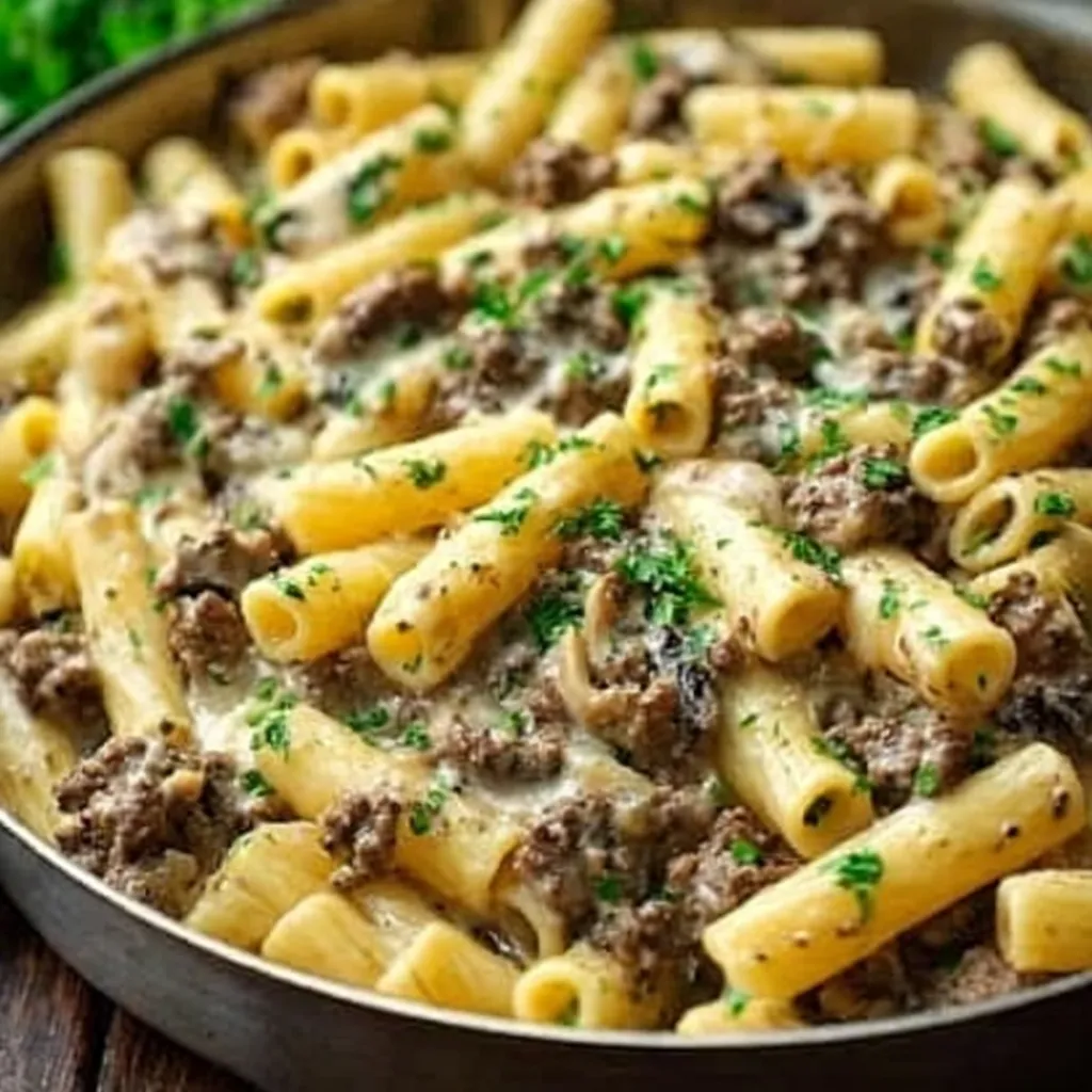 Delicious Philly Cheesesteak Pasta, featuring creamy sauce and tender steak, served as a featured image.