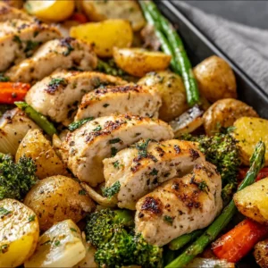 Sheet Pan Garlic Butter Chicken & Veggies is the perfect easy dinner, featuring juicy chicken and roasted vegetables all cooked on one pan.