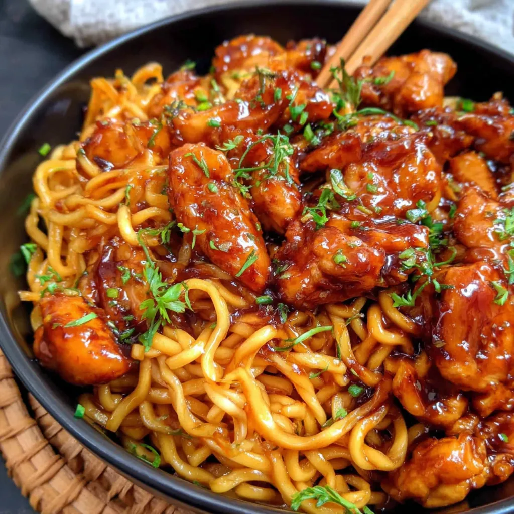 Sticky Garlic Chicken Noodles are featured in this delicious Asian-inspired meal.