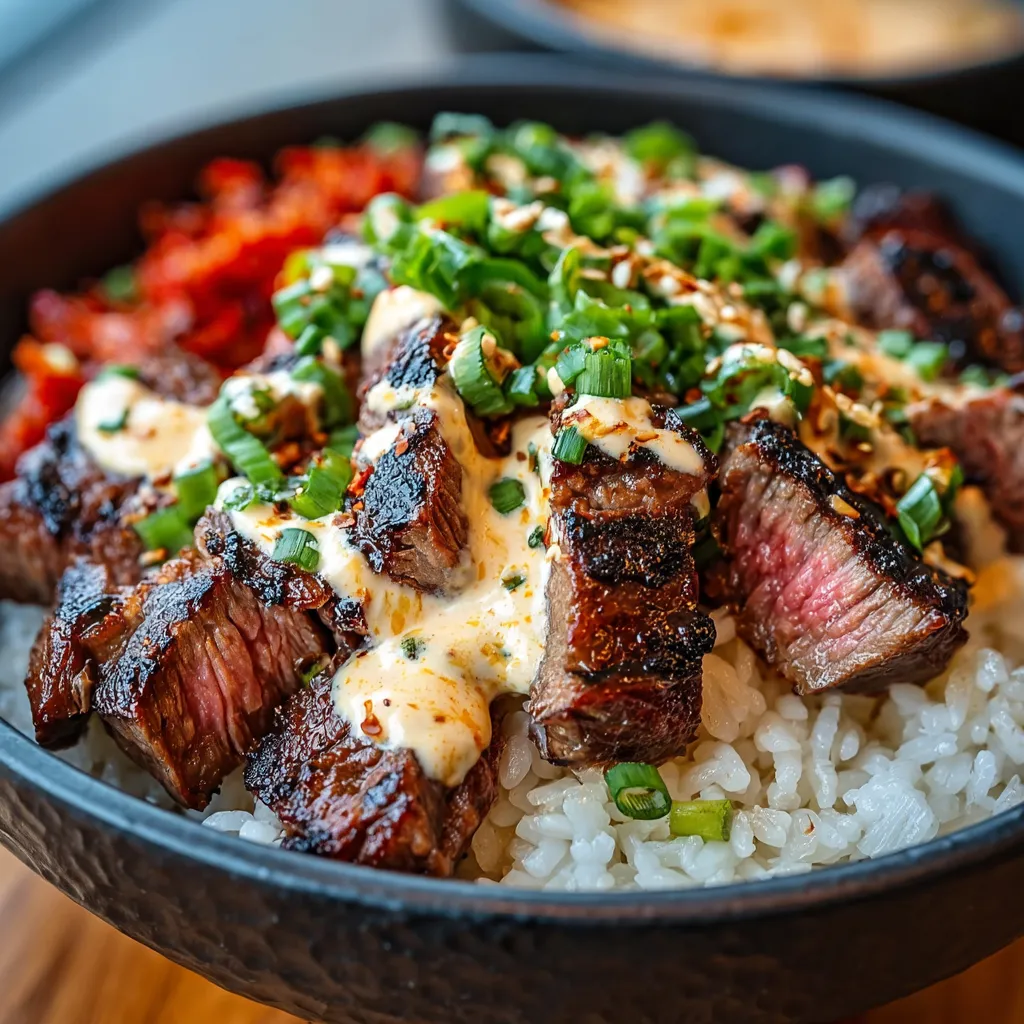 Close-up shot of delicious Korean BBQ Steak Rice Bowls, showcasing the vibrant colors and textures of the meal.