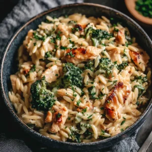 A creamy and delicious Chicken Broccoli Orzo Bake is shown as a featured image for the recipe.
