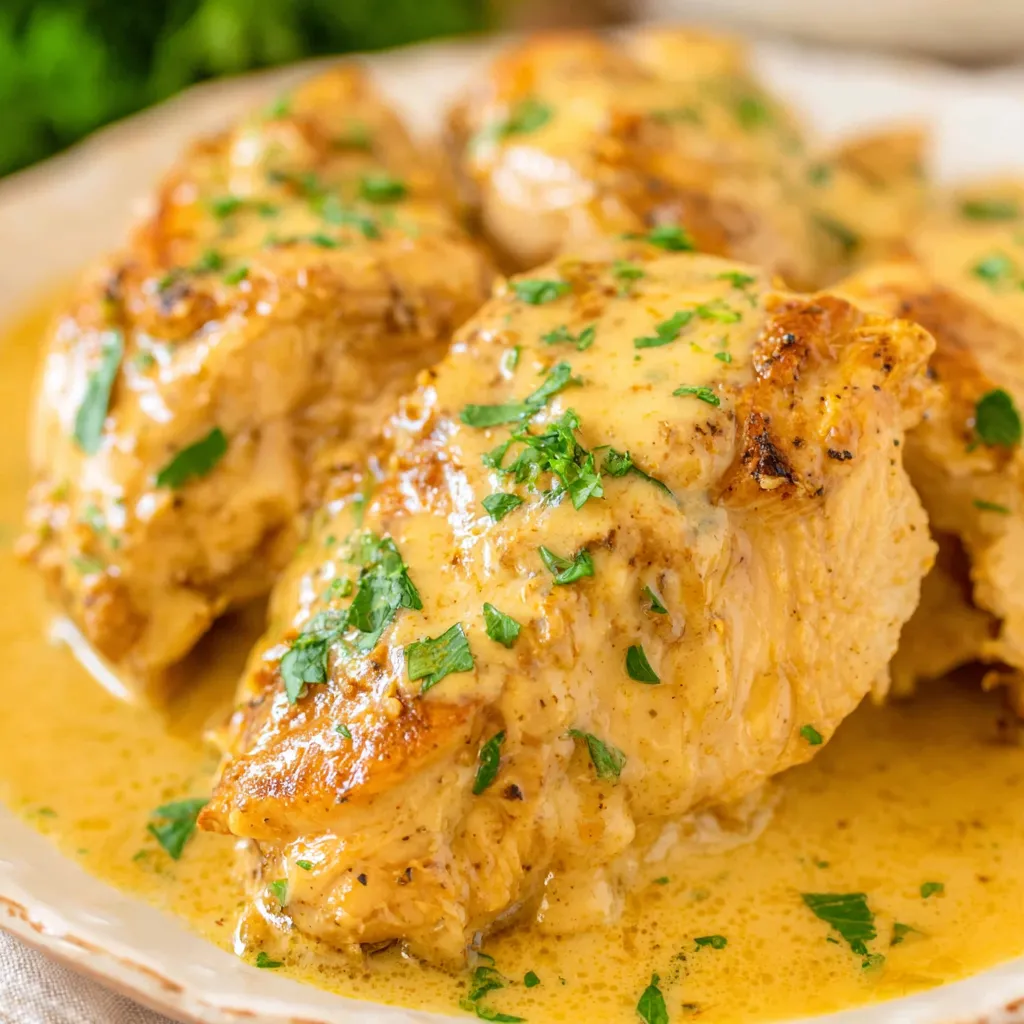 Creamy Crockpot Chicken is shown as a delicious, comforting meal, perfect for a weeknight dinner.