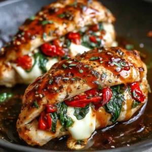 Roasted Red Pepper Mozzarella Stuffed Chicken, a delicious and easy dinner recipe, is shown as the featured image.