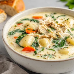 A bowl of creamy Rotisserie Chicken Gnocchi Soup, garnished with fresh herbs, is presented as a comforting featured image.
