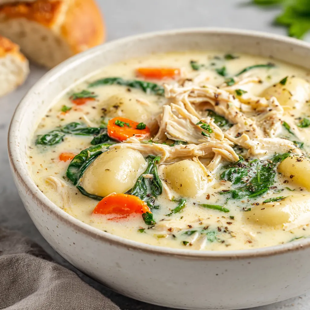 A bowl of creamy Rotisserie Chicken Gnocchi Soup, garnished with fresh herbs, is presented as a comforting featured image.