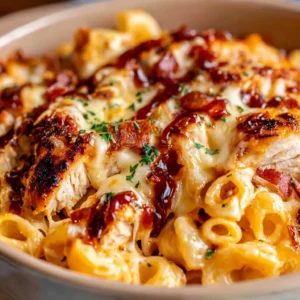 A close-up shot of Smoky BBQ Chicken Mac And Cheese, a creamy pasta dish with tender chicken and smoky barbecue sauce.
